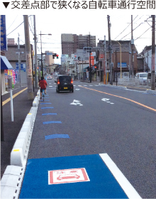 交差点部で狭くなる自転車通行空間